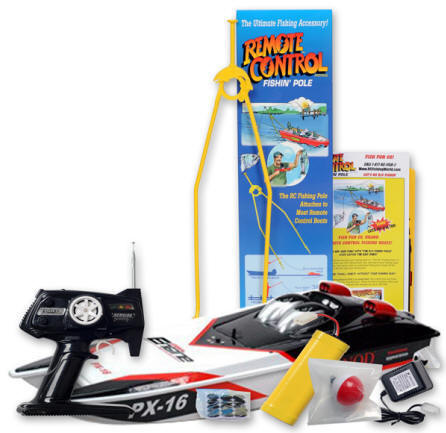 The LuckyStrike Rc Fishing Boat includes, Transmitter, Batteries, Charger, Bobber, fishing hook, and line. Ready for Radio Control Fishing Adventure!